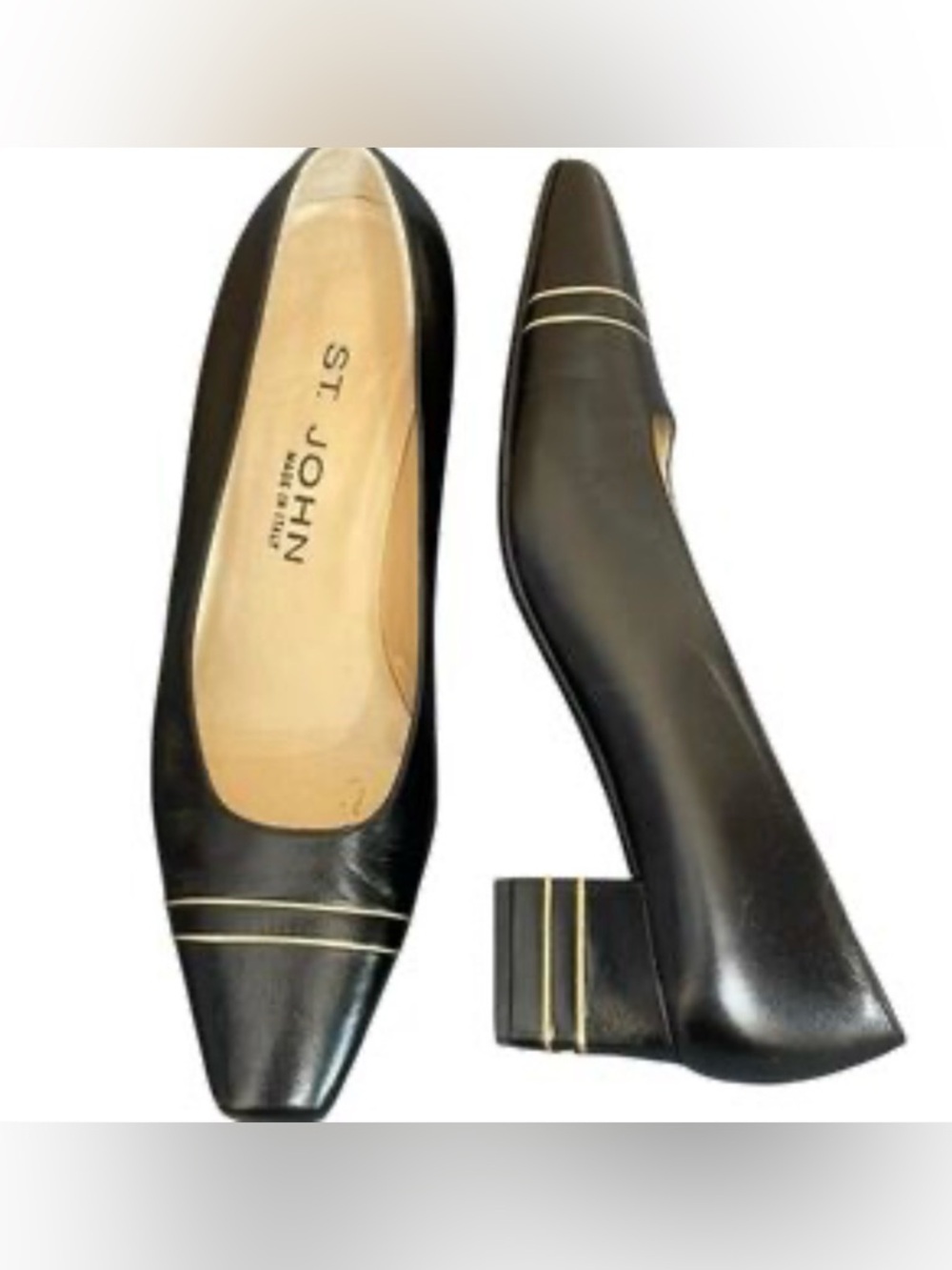 St. John Black Leather Square-Toe Low Block Heel Pumps with Gold Stripe Size 6